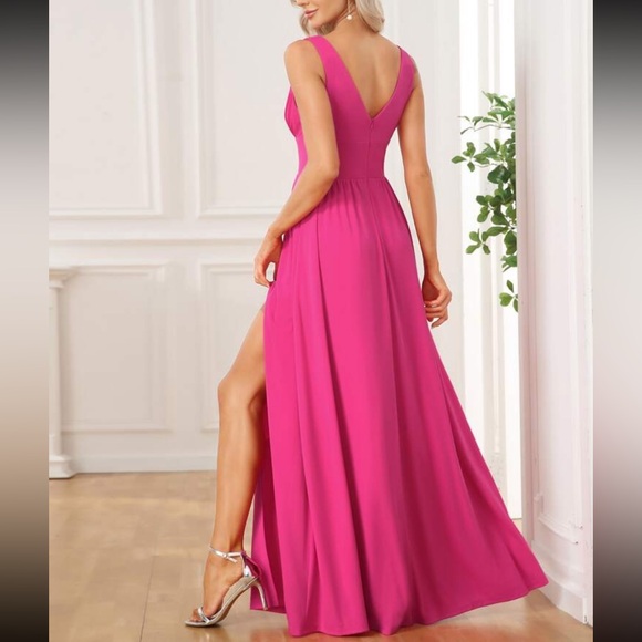 Burgundy V-neck Slit Detail Dress-EL260